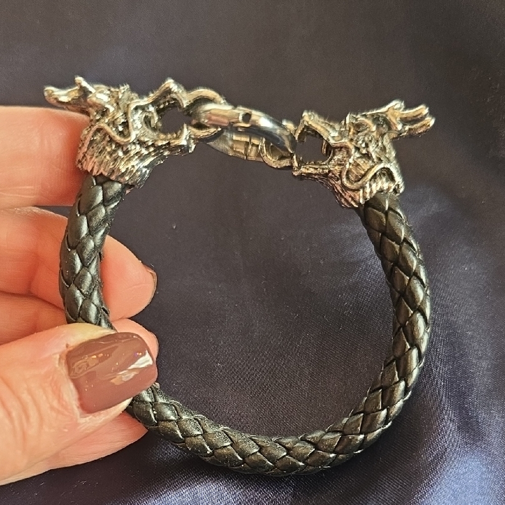 Silver Dragon Head Braided Bracelet